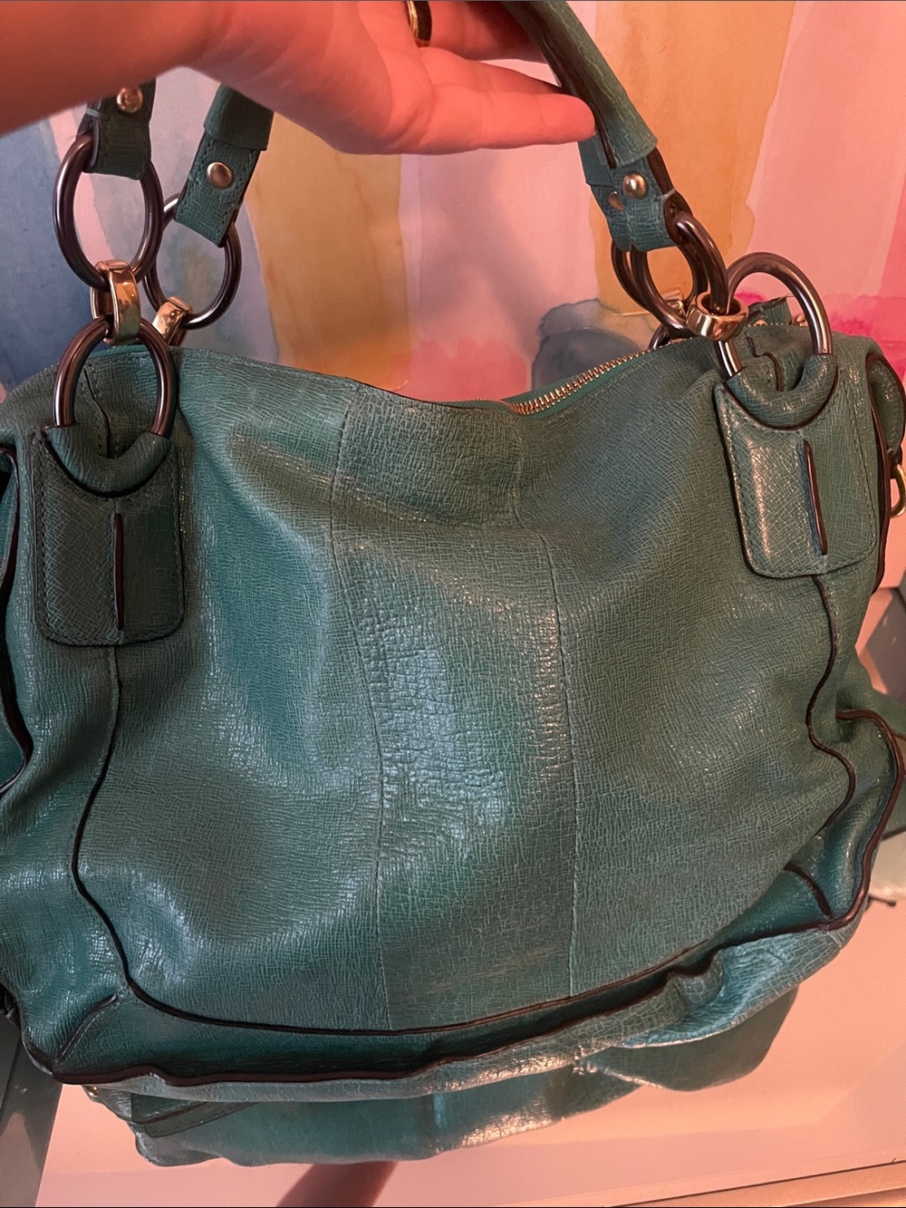 Coach Teal Leather Satchel Handbag - Picture 5 of 8
